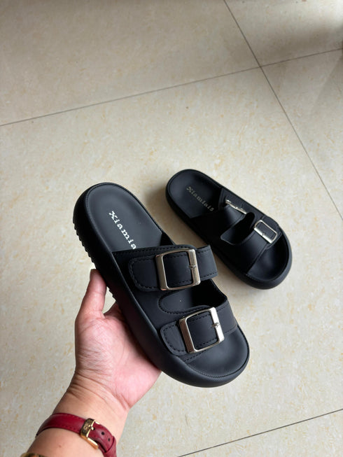 Casual Outdoor Double Buckle Strap Platform Sliders